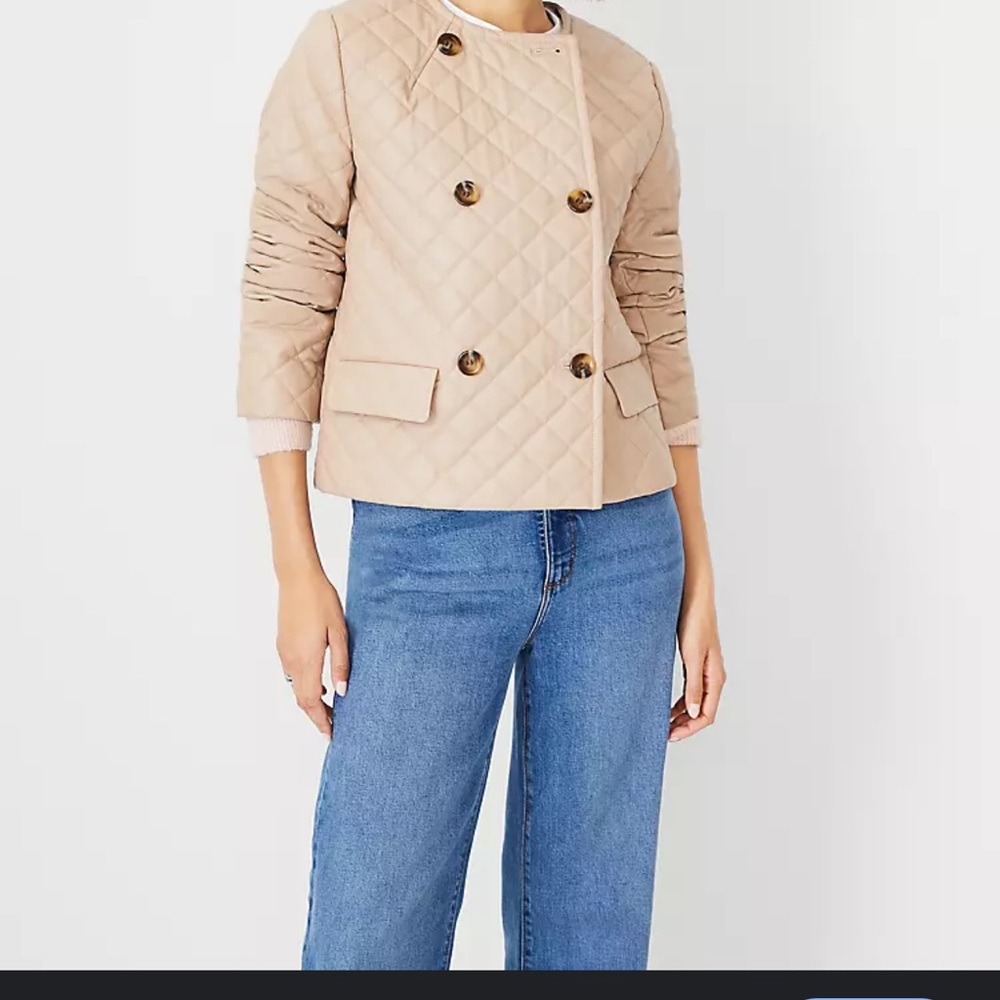 Ann Taylor Quilted Faux Leather Double Breasted Jacket. Beige Size M petite.